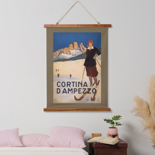 イタリアスキーヴィンテージ旅行 吊り下げ型タペストリー (寝室)