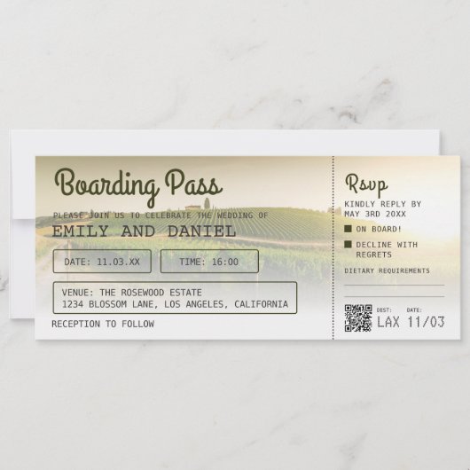 イタリアトスカーナ行先搭乗券結婚のパス 招待状 (正面)