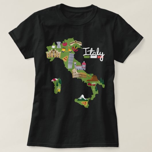 イタリアトラベルマップフラッグイタリアプライド土産バカティ Tシャツ (デザイン正面)