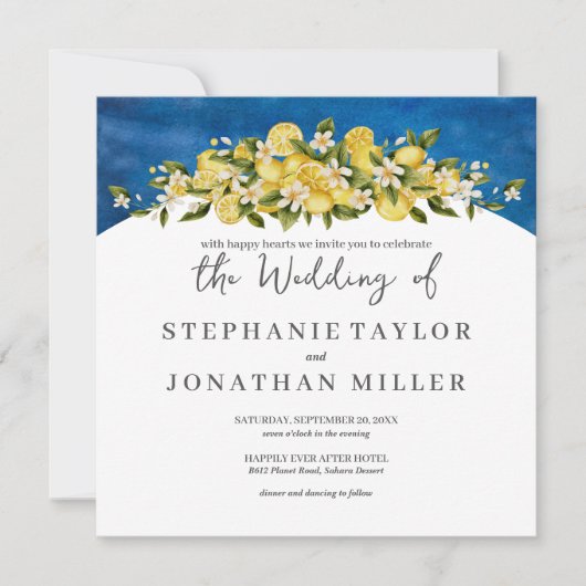 イタリアブルーウォーターカラーレモンスクエア結婚ズ 招待状 (正面)