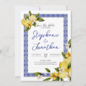 イタリアブルーウォーターカラーレモン日付カードを保存 セーブザデート (正面)