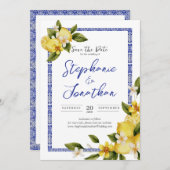 イタリアブルーウォーターカラーレモン日付カードを保存 セーブザデート (正面/裏面)