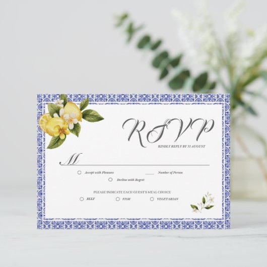 イタリアブルーウォーターカラーレモンRSVPカード 出欠カード (スタンド正面)