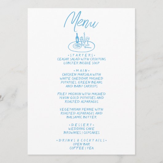 イタリアブルー描手書き地中海の結婚の メニュー (正面)