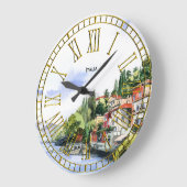 イタリアンな海岸の水彩画あなたの文字 ラージ壁時計 (傾斜)