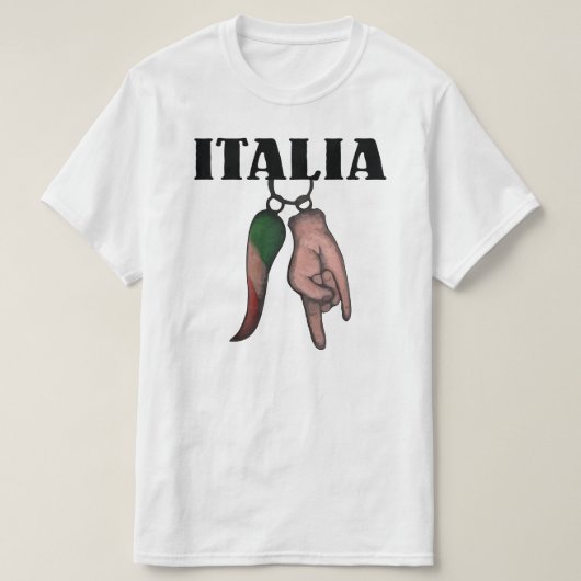 イタリアンな角および手のTシャツ、悪のまなざし、CORNO Tシャツ (デザイン正面)