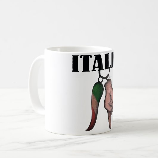 イタリアンな角のコーヒーカップ、悪のまなざし、CORNOが付いているマグ コーヒーマグカップ (正面左)