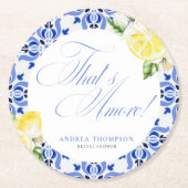イタリアンアモーレレモン ブルー タイル ブライダルシャワー ラウンドペーパーコースター (正面)
