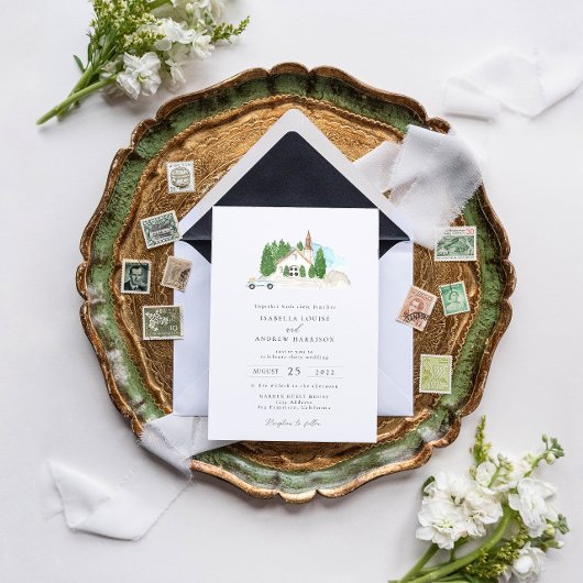 イタリアンウォーターカラーハウス結婚式招待状 招待状