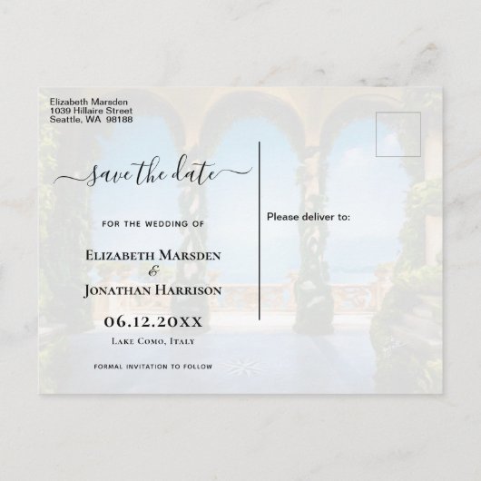 イタリアンエレガント結婚イタリアのアーチの日付を保存 案内ポストカード (裏面)