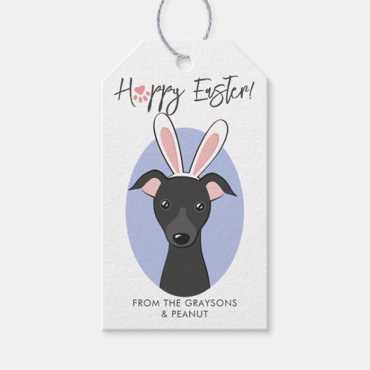 イタリアングレイハウンド黒犬かわいいイースターバニーの耳 ギフトタグ (正面)
