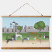 イタリアングレーハウンドの可愛い犬たち 公園のカートゥーンアート 吊り下げ型タペストリー (正面)