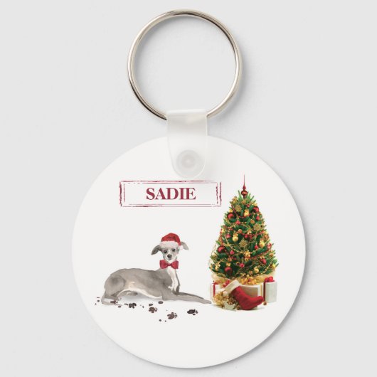 イタリアングレーハウンド クリスマスの犬とツリー キーホルダー (正面)
