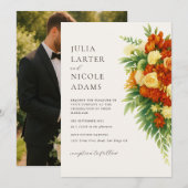 イタリアンサンセットオレンジグリーンフラワーブーケウェディング 招待状 (正面/裏面)