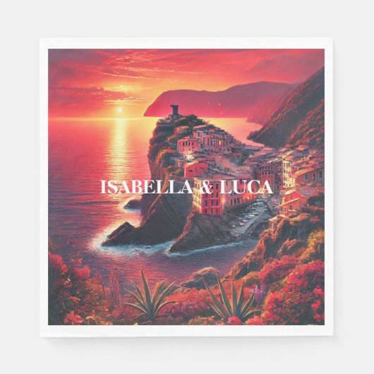 イタリアンサンセットコーストはっきりしたレッド&オレンジ色 スタンダードランチョンナプキン (正面)