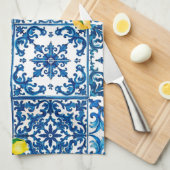 イタリアンスタイル地中海の,モザイク,ブルー,レモン, キッチンタオル (四つ折り)