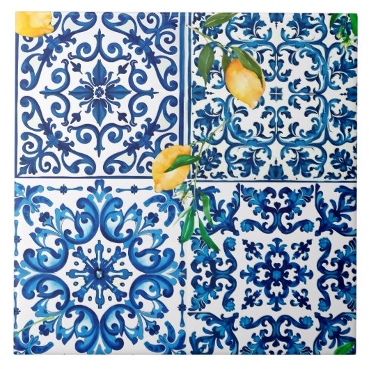 イタリアンスタイル地中海の，モザイク，ブルー，レモン， タイル (正面)