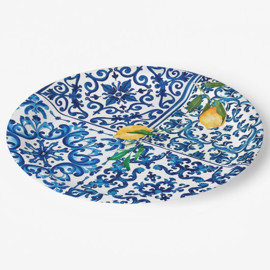 イタリアンスタイル地中海の，モザイク，ブルー，レモン， ペーパープレート (アングル)
