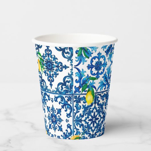 イタリアンスタイル地中海の，モザイク，ブルー，レモン， 紙コップ (正面)