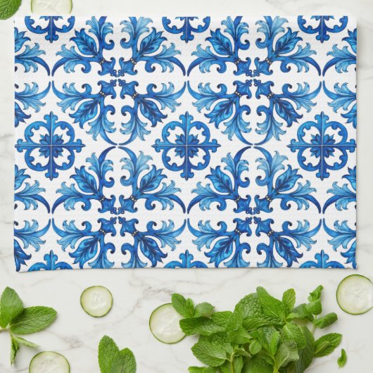 イタリアンスタイル地中海の,モザイク,青, キッチンタオル (折り畳み)