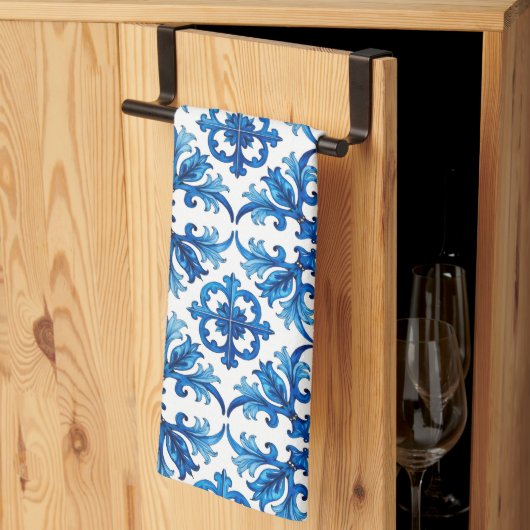 イタリアンスタイル地中海の，モザイク，青， キッチンタオル (三つ折り)