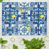 イタリアンスタイル地中海の，モザイク，青， キッチンタオル (折り畳み)