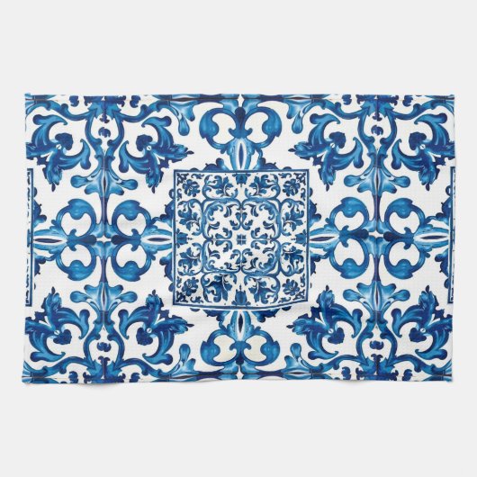 イタリアンスタイル地中海の,モザイク,青, キッチンタオル (横)