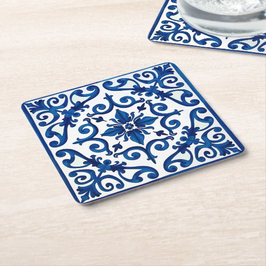 イタリアンスタイル地中海の，モザイク，青， スクエアペーパーコースター (アングル)