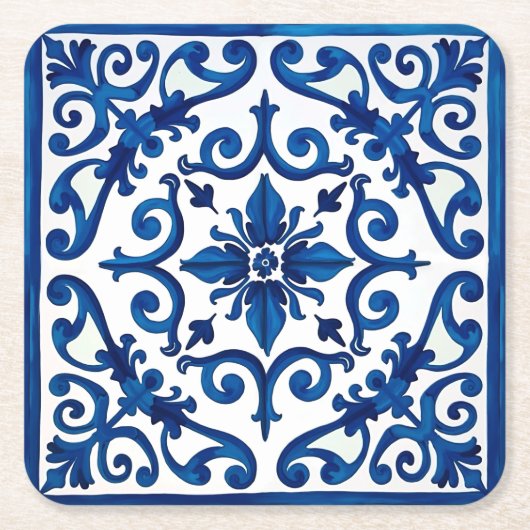 イタリアンスタイル地中海の，モザイク，青， スクエアペーパーコースター (正面)