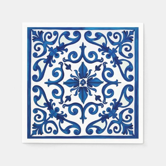 イタリアンスタイル地中海の，モザイク，青， スタンダードカクテルナプキン (正面)