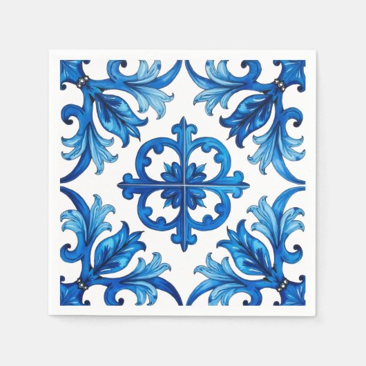 イタリアンスタイル地中海の，モザイク，青， スタンダードカクテルナプキン (正面)