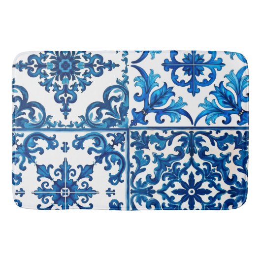 イタリアンスタイル地中海の，モザイク，青， バスマット (正面)