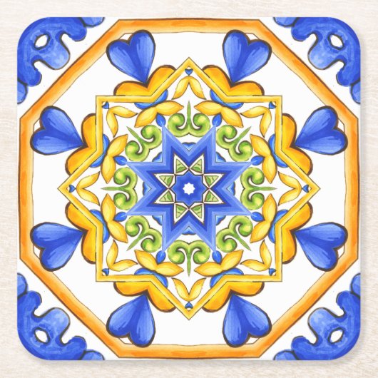 イタリアンスタイル，タイル，マジョリカオールオーバープリント スクエアペーパーコースター (正面)