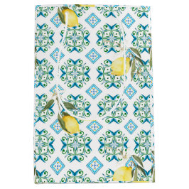 イタリアンスタイル，タイル，マジョリカ，レモン，オールオーバープリント ミディアムペーパーバッグ