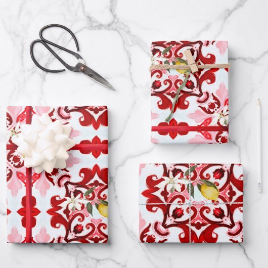 イタリアンスタイル，タイル，マジョリカ，レモン，オールオーバープリント ラッピングペーパーシート (正面)