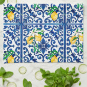 イタリアンスタイル，モザイク，ブルー，レモン， キッチンタオル (折り畳み)