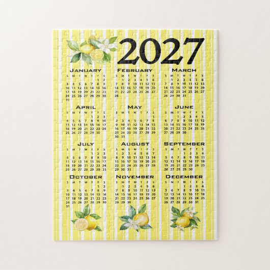 イタリアンスタイル レモン柄 イエローストライプ 2027年カレンダー ジグソーパズル (縦)