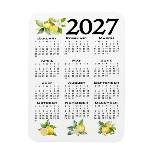 イタリアンスタイル レモン 白の2027年カレンダー マグネット (縦)