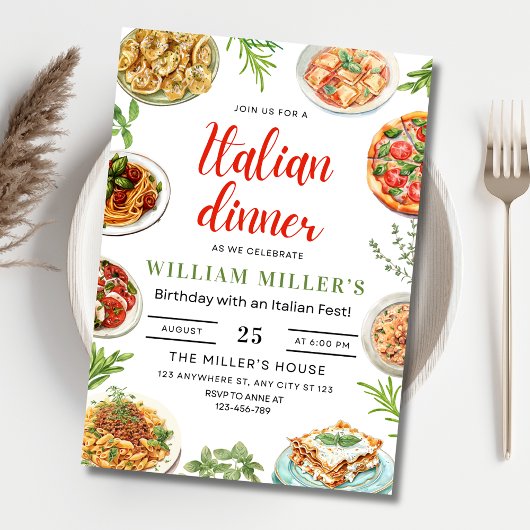 イタリアンディナー　バースデー・パーティーへようこそ！パスタ＆ピザ 招待状