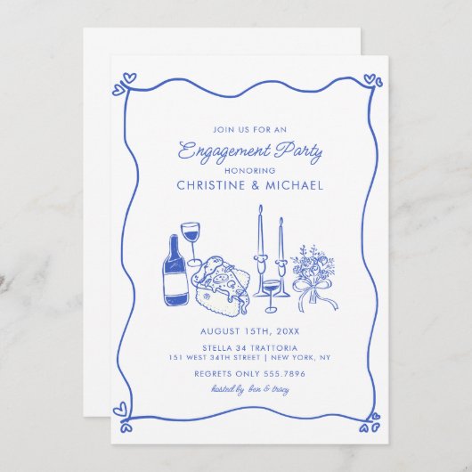 イタリアンピザとワインの手書き現代エンゲージメント 招待状 (正面/裏面)