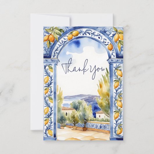 イタリアンブルーのタイルがアーチを描くレモンのブライダルシャワー サンキューカード (正面)