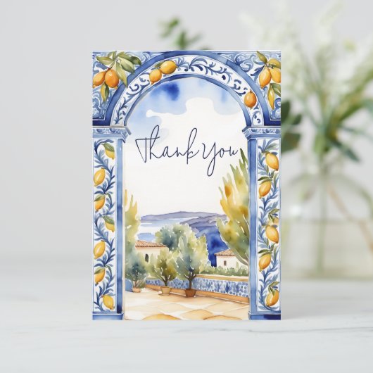 イタリアンブルーのタイルがアーチを描くレモンのブライダルシャワー サンキューカード (スタンド正面)