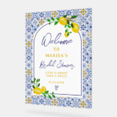 イタリアンブルーのタイルと水彩のレモンがおしゃれなウェルカムサイン アクリルサイン (傾斜)