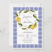 イタリアンブルーの水彩レモンカリグラフィー結婚式 招待状 (正面)