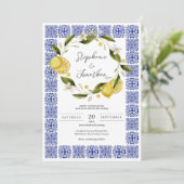 イタリアンブルーの水彩レモンカリグラフィー結婚式 招待状 (スタンド正面)