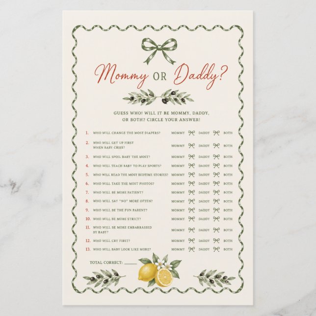イタリアンマーケットのMommy or Daddy ベビーシャワーゲーム (正面)