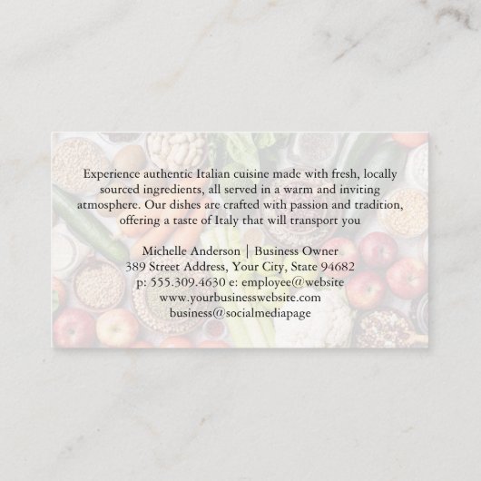 イタリアン料理のロゴ | 新鮮な農産物 名刺 (裏面)