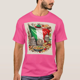 イタリアン目印の付いた旗と食料イラストレーション Tシャツ