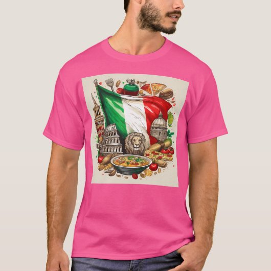 イタリアン目印の付いた旗と食料イラストレーション Tシャツ (正面)