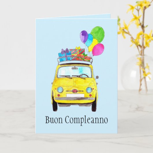 イタリアン誕生日レトロFiat 500カード カード (黄色い花)